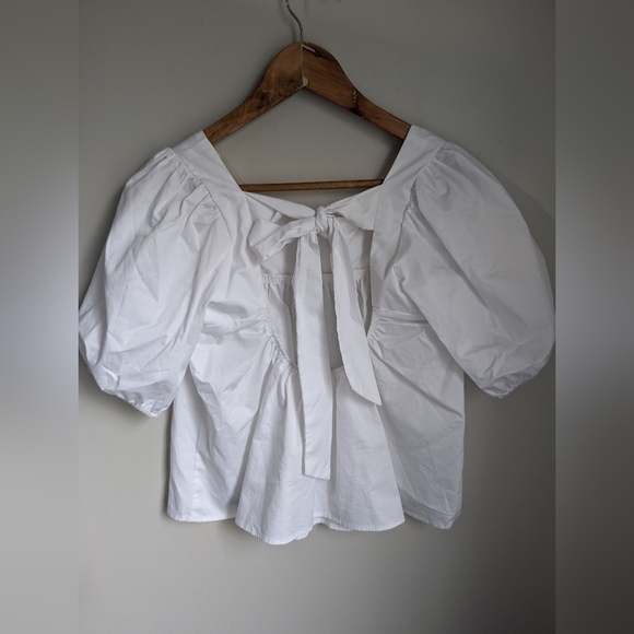 Glamourous White Cotton Scoop Back Bow Tie Short Puff Sleeve Blouse Sz 8 - Picture 3 of 4